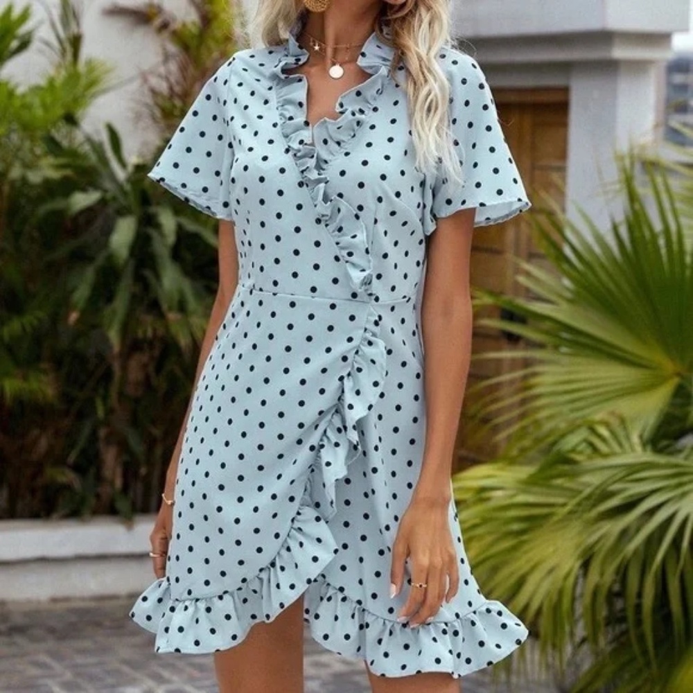 Blue and Black Ruffle Trim Wrap Detail Polka Dot Dress Medium